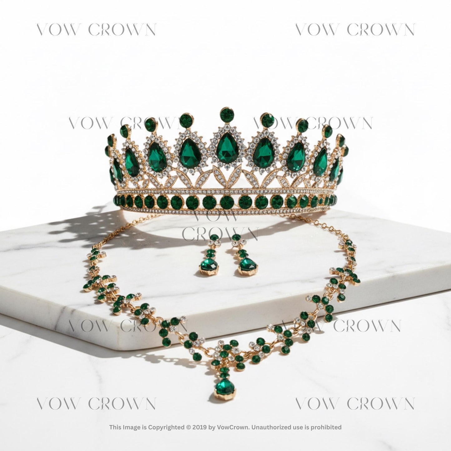 Hot Pink Crystal Tiara Necklace Earring Set, Gold Rhinestone Bridal Crown