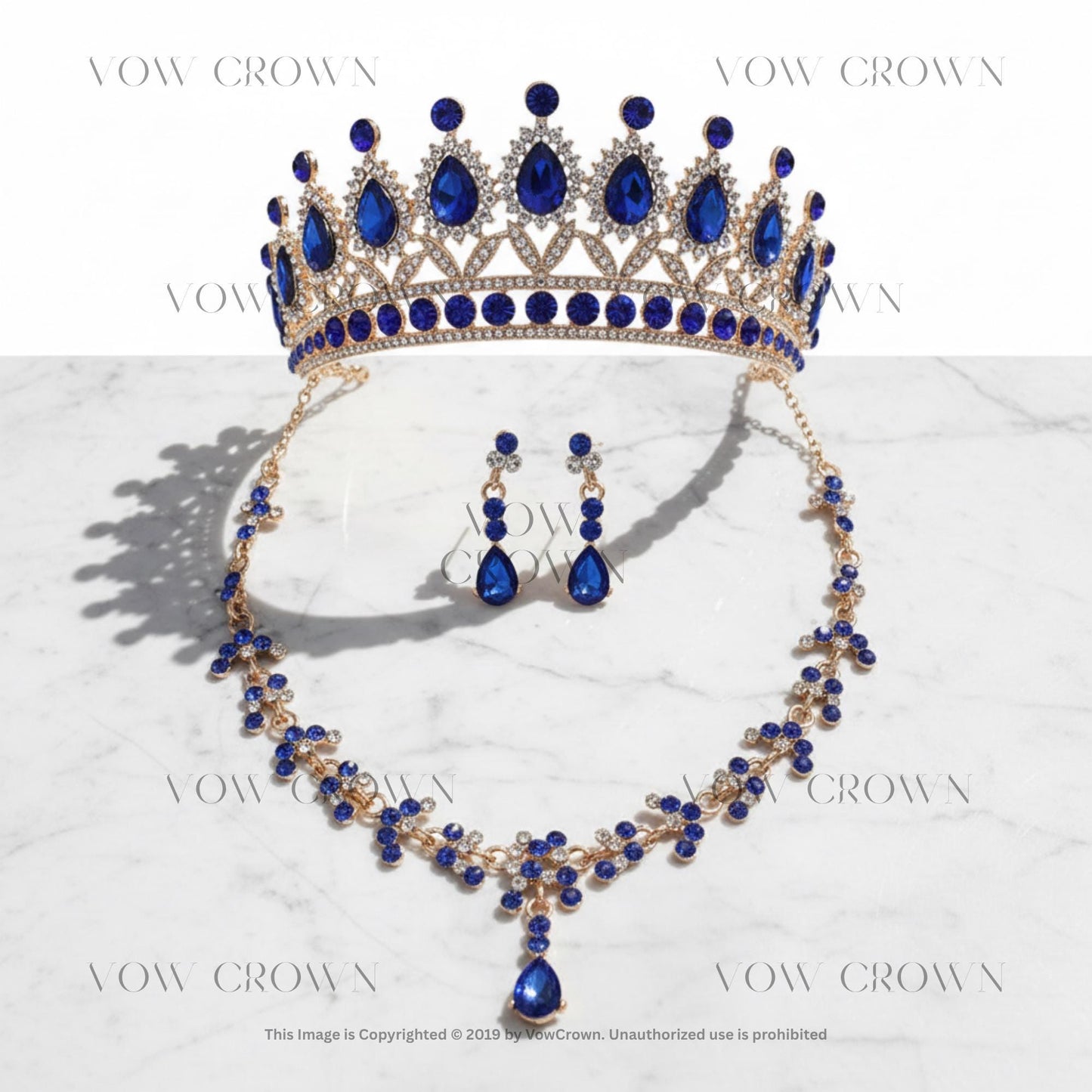 Hot Pink Crystal Tiara Necklace Earring Set, Gold Rhinestone Bridal Crown