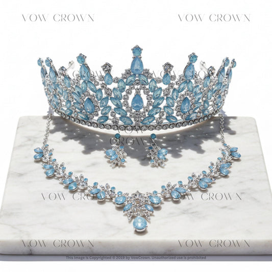 Light Blue Opal Crystal Bridal Wedding Tiara Necklace & Earrings Set, Frozen Queen Pageant Crown