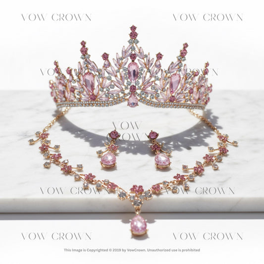 Pink Crystal Tiara Necklace and Earrings Set, Gold Wedding Jewelry