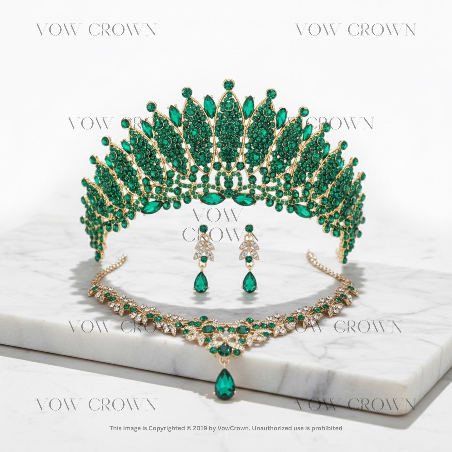 Gold Champagne Crystal Rhinestone Tiara Necklace Earrings Set | Red Blue Green Pink Jewelry Set