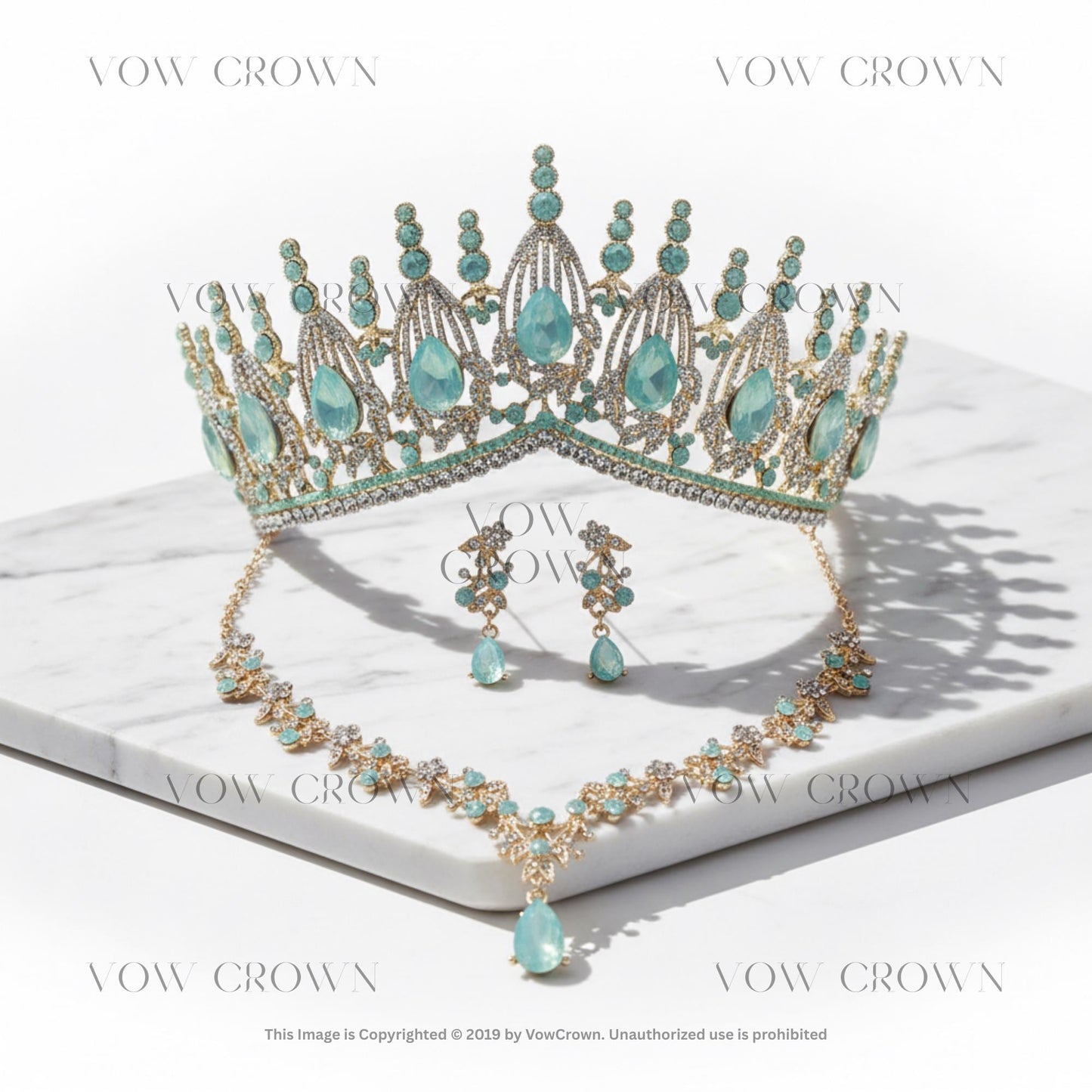 Opal Pink Crystal Bridal Tiara Necklace Earrings Set | Gold Green Blue Royal Wedding Jewelry