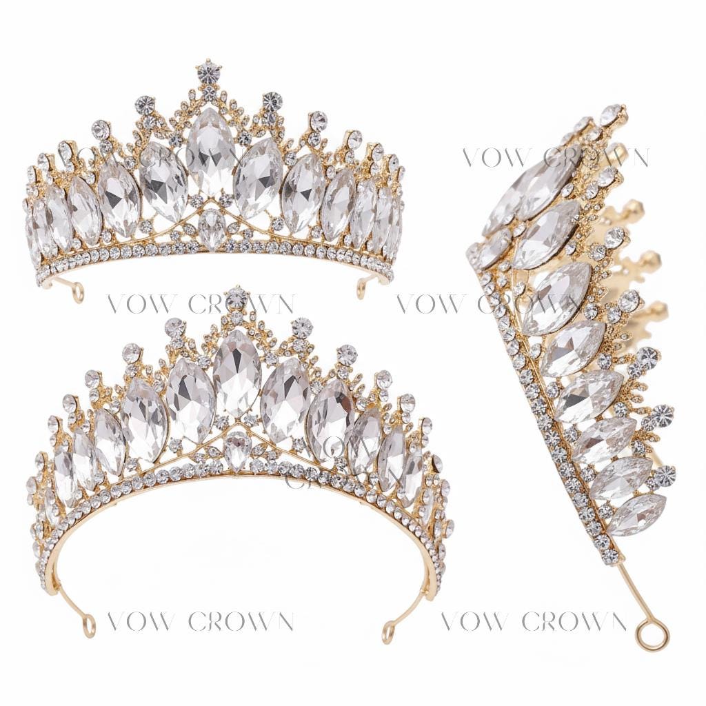 Gold Marquise Crystal Bridal Tiara | Princess Rhinestone Wedding Crown