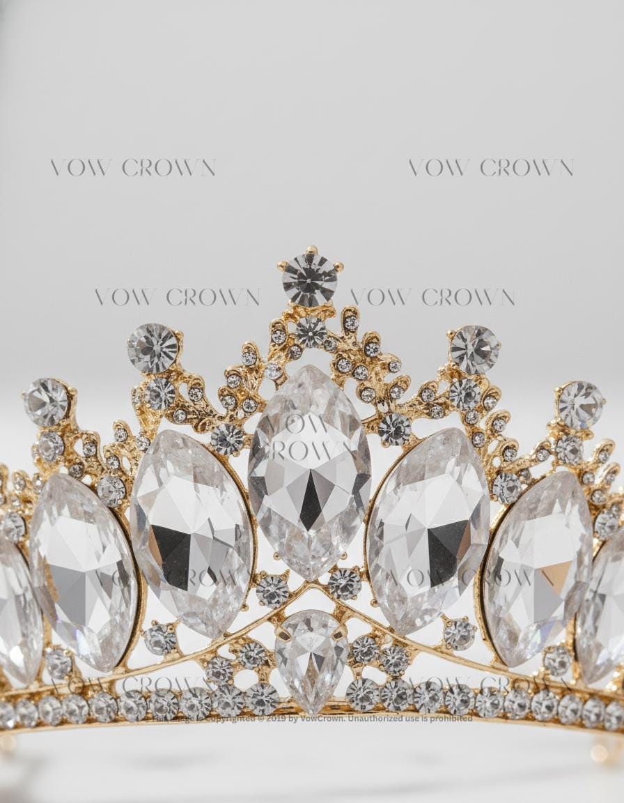 Gold Marquise Crystal Bridal Tiara | Princess Rhinestone Wedding Crown