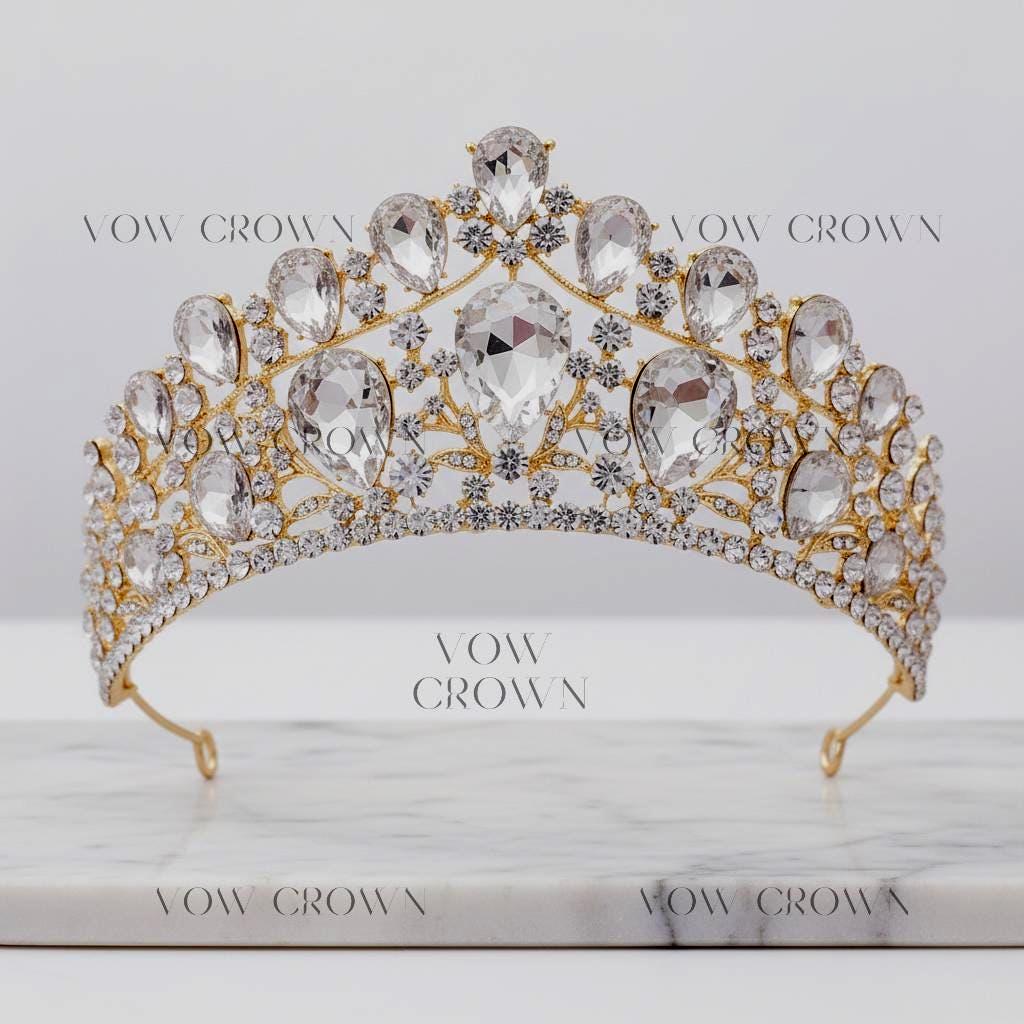 Gold Pear Crystal Bridal Tiara | Vintage Baroque Rhinestone Princess Crown