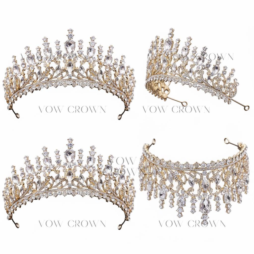 Gold Baroque Bridal Tiara | Pear-Cut Crystal Rhinestone Crown