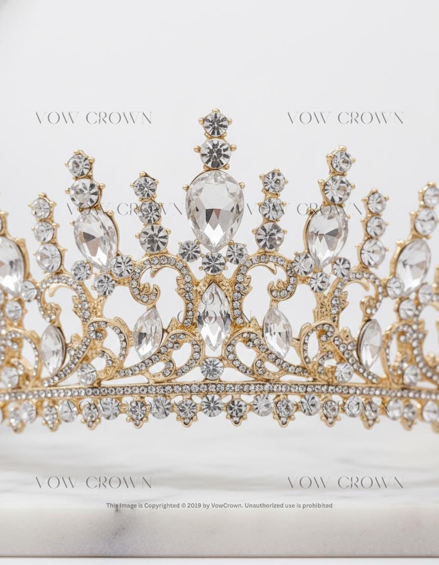Gold Baroque Bridal Tiara | Pear-Cut Crystal Rhinestone Crown