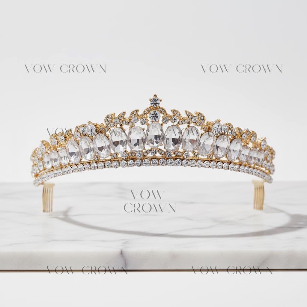 Gold Bridal Tiara | Oval Crystal Baroque Wedding Crown