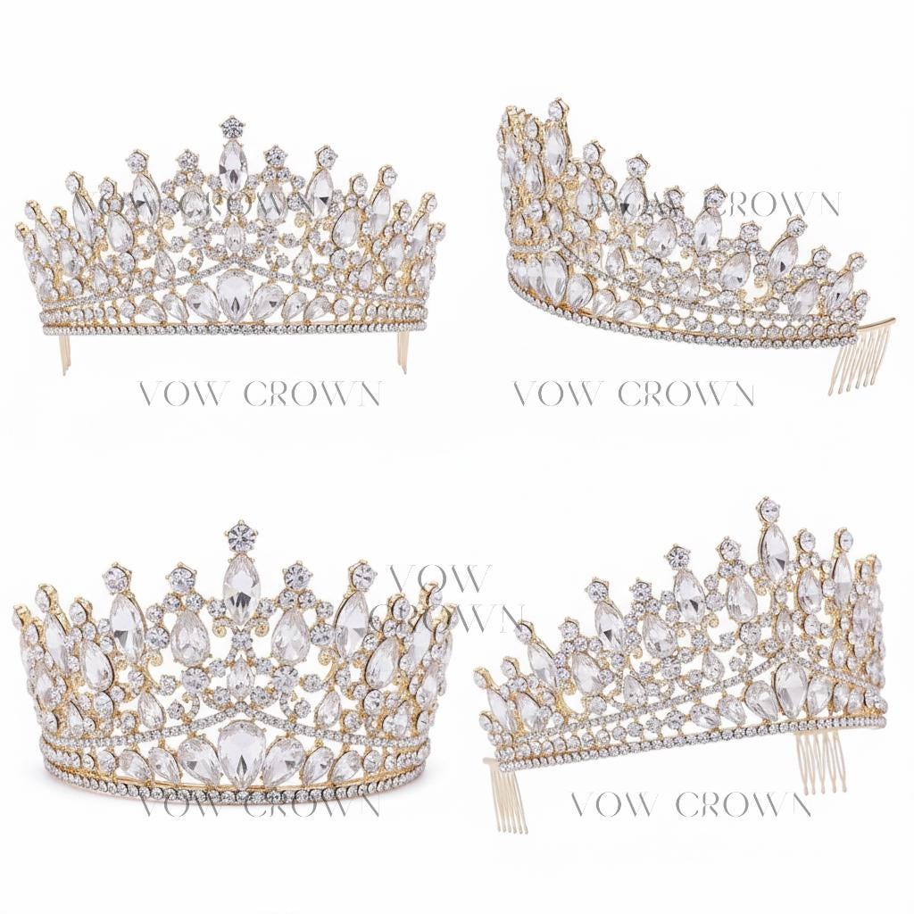 Gold Baroque Crystal Bridal Tiara | Pear-Cut Rhinestone Crown