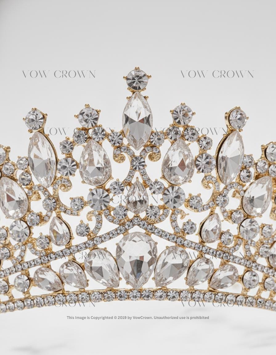 Gold Baroque Crystal Bridal Tiara | Pear-Cut Rhinestone Crown