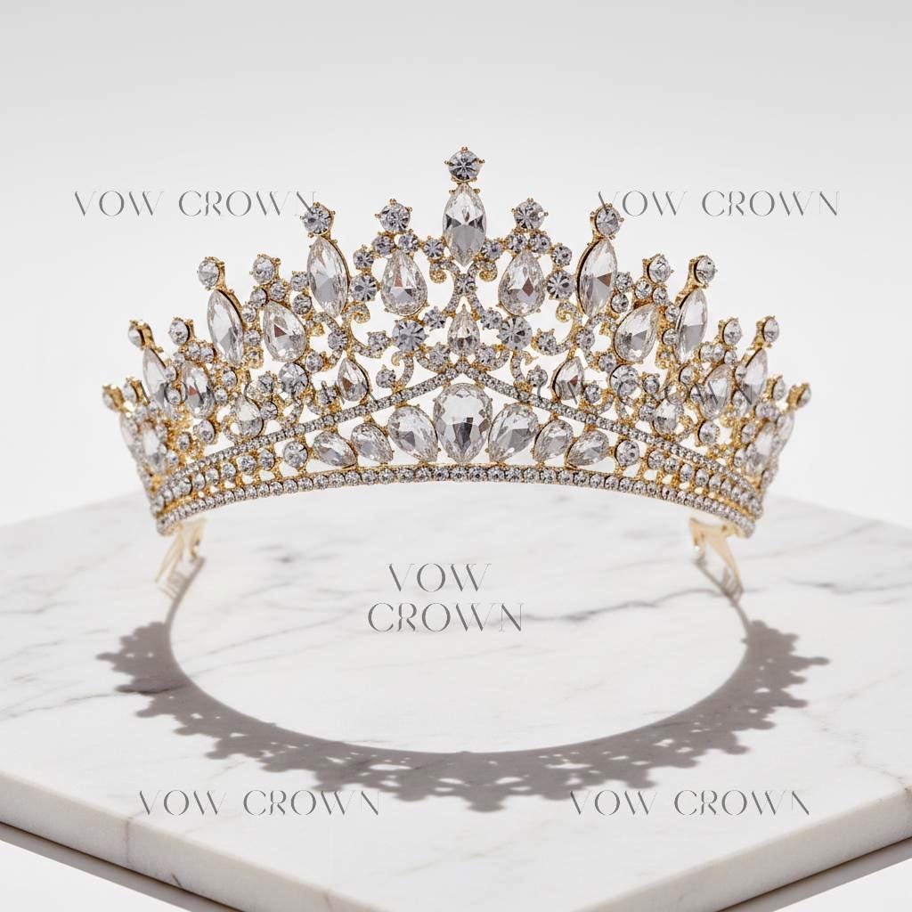 Gold Baroque Crystal Bridal Tiara | Pear-Cut Rhinestone Crown