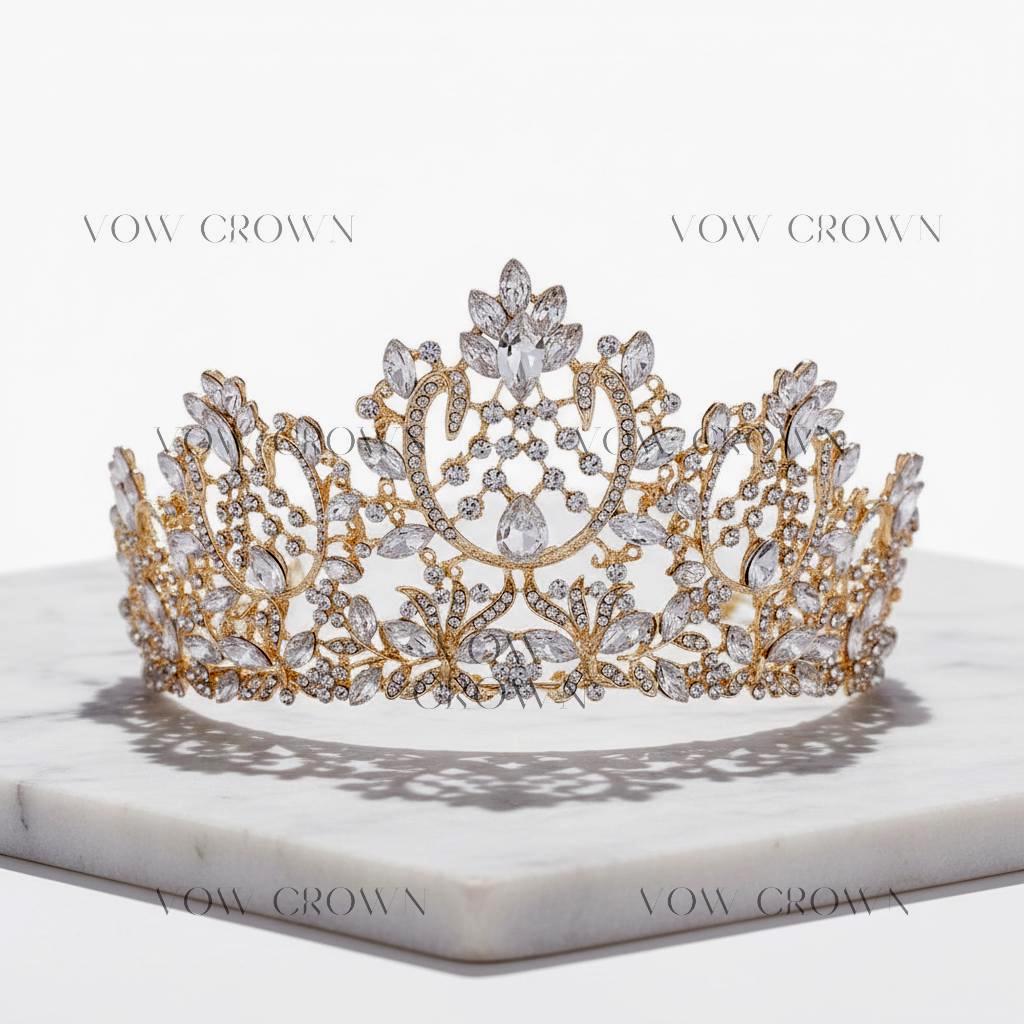 Gold Baroque Bridal Tiara | Pear-Cut Crystal Rhinestone Headpiece