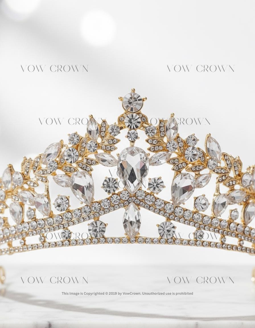 Gold Floral Crystal Bridal Tiara | Pear Drop Rhinestone Wedding Crown