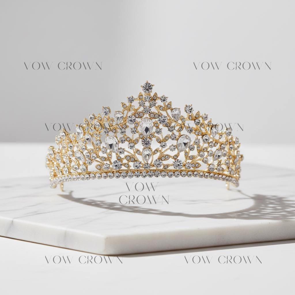 Gold Baroque Crystal Bridal Tiara | Pear-Cut Rhinestone Wedding Crown