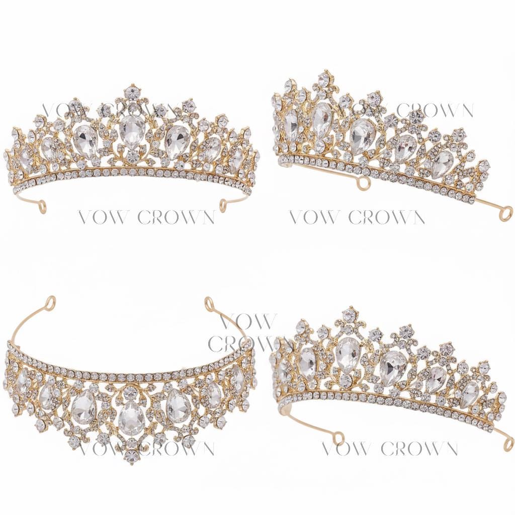 Luxury Gold Crystal Bridal Tiara Crown | Vintage Baroque Wedding Tiara | Pear-Cut Rhinestone Princess Headpiece