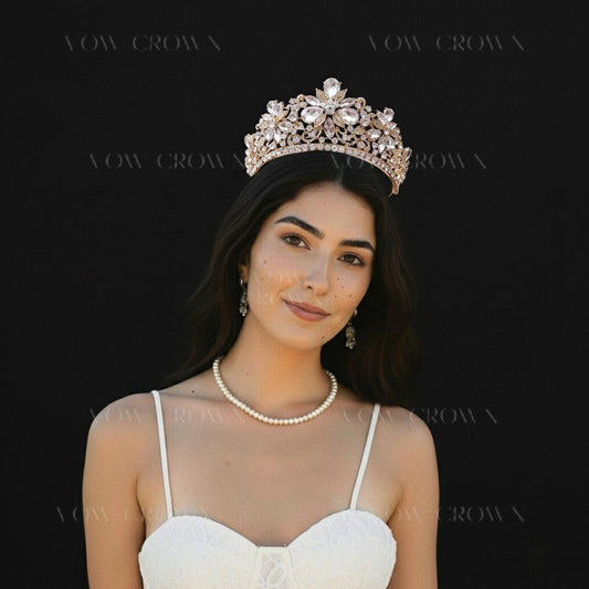 Gold Crystal Bridal Tiara | Floral Baroque Rhinestone Crown
