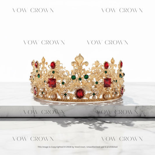 Royal Gold Crown with Red & Green Gems | Medieval King Renaissance Costume Pageant Crown