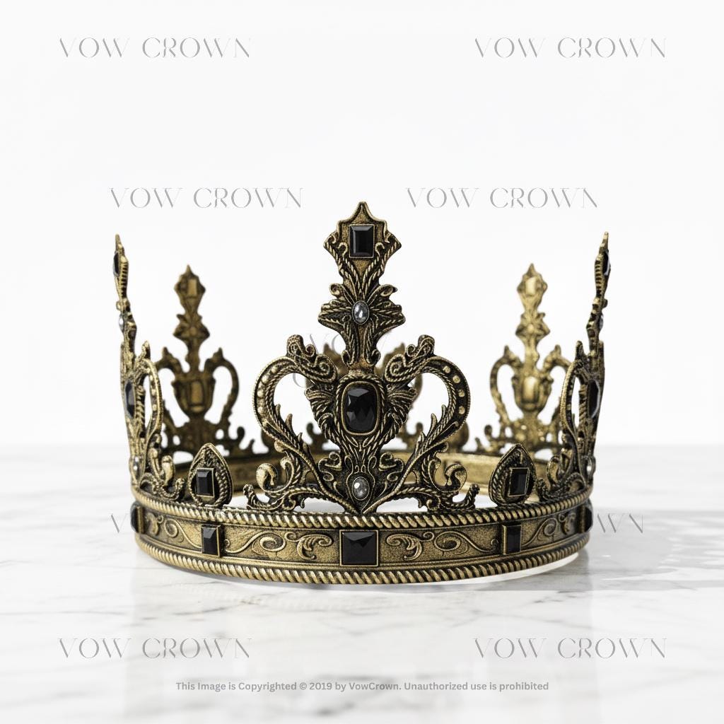 Vintage Gothic Royal Crown | Medieval Black Crystal King Crown | Antique Gold & Silver Baroque Tiara | Regal Costume Headdress