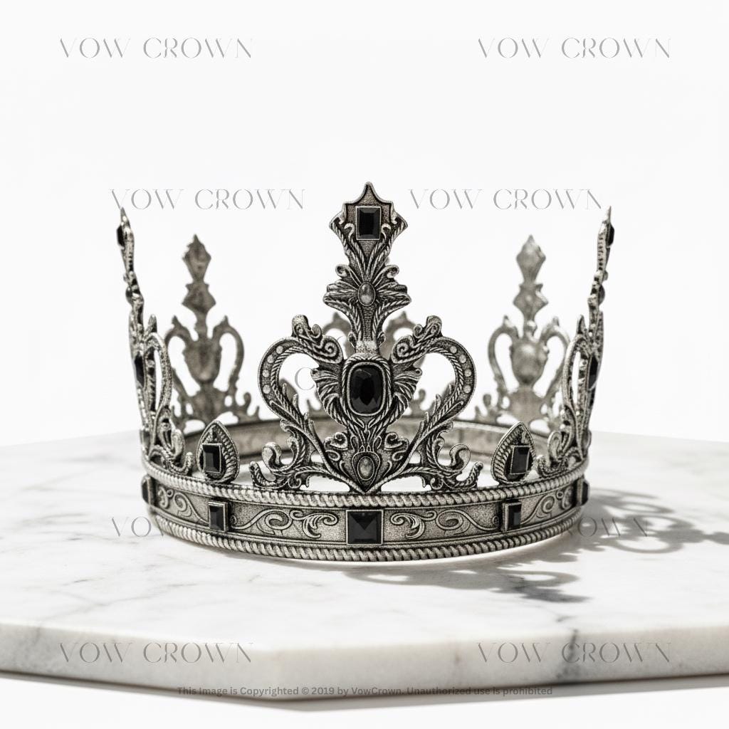 Vintage Gothic Royal Crown | Medieval Black Crystal King Crown | Antique Gold & Silver Baroque Tiara | Regal Costume Headdress