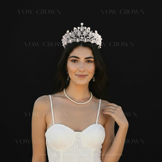 Pearl Wedding Tiara Crown | Silver Bridal Tiara with Crystals | Royal Leaf Headpiece | Vintage Princess Crown | Bride Hair Jewelry