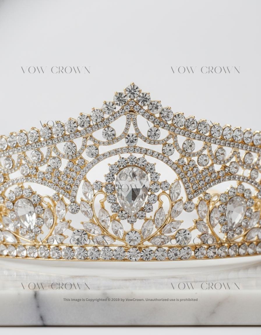 Gold Crystal Bridal Tiara | Baroque Rhinestone Wedding Crown