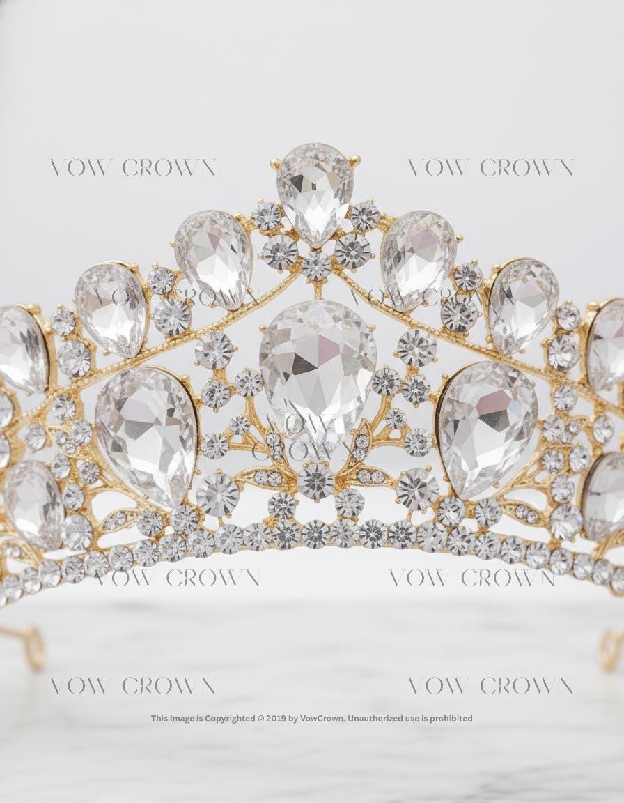 Gold Pear Crystal Bridal Tiara | Vintage Baroque Rhinestone Princess Crown