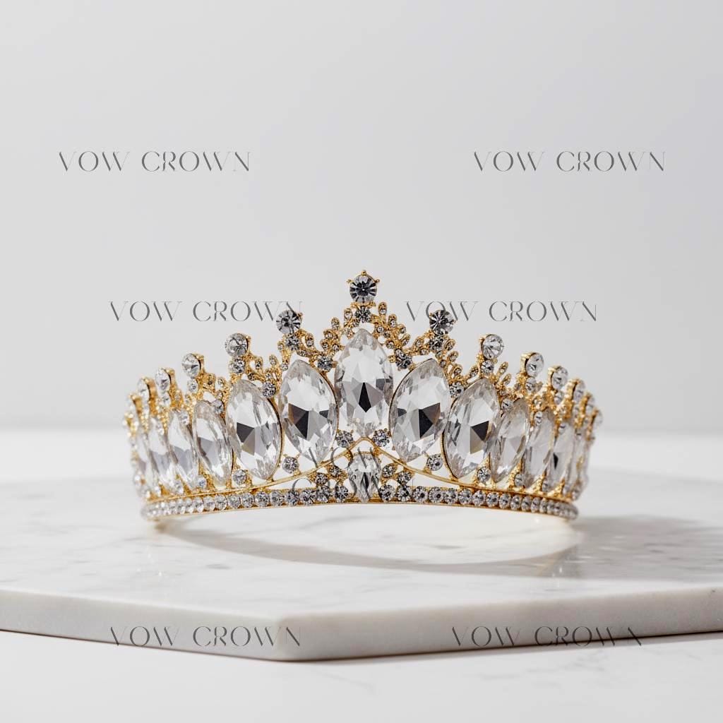 Gold Marquise Crystal Bridal Tiara | Princess Rhinestone Wedding Crown