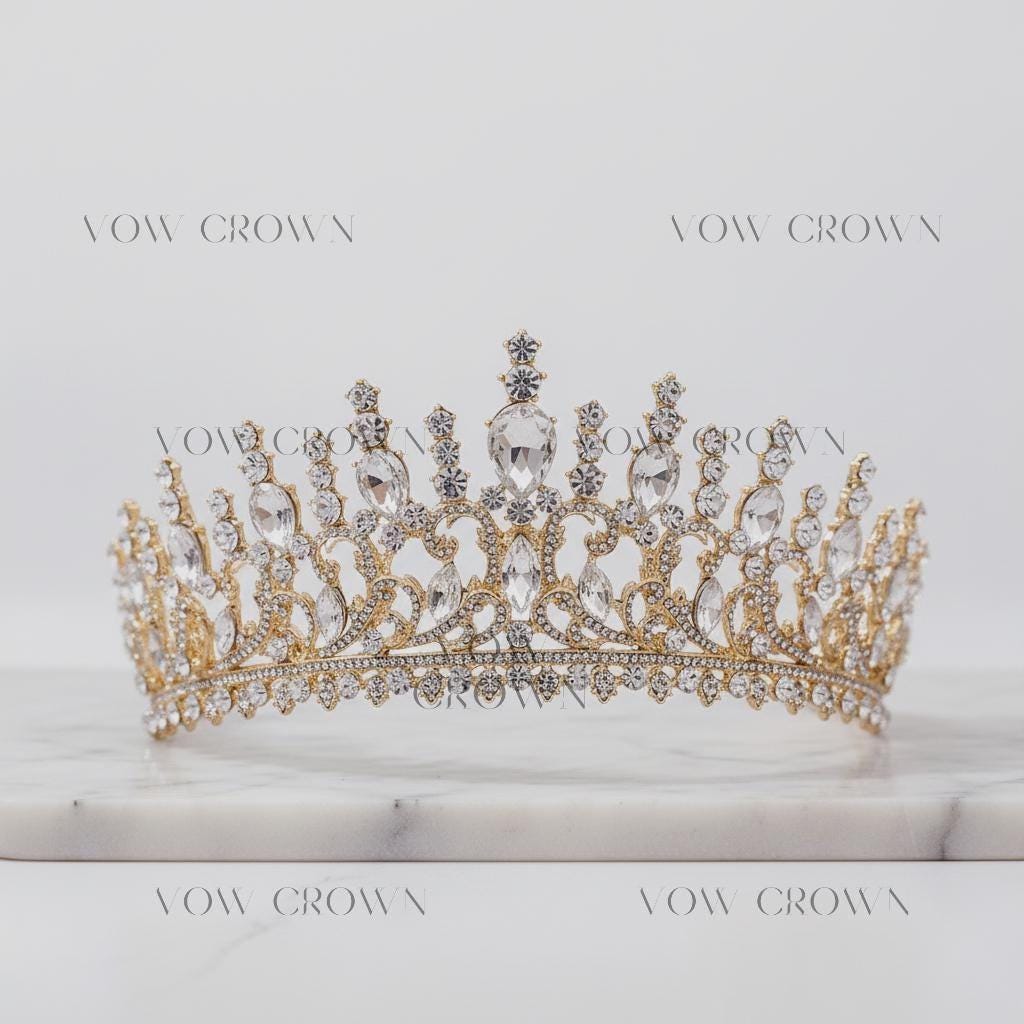 Gold Baroque Bridal Tiara | Pear-Cut Crystal Rhinestone Crown