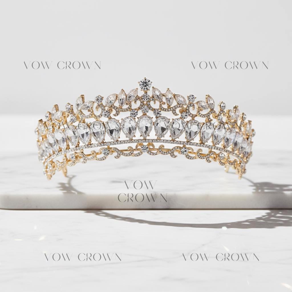 Gold Bridal Tiara | Pear Crystal Baroque Wedding Crown