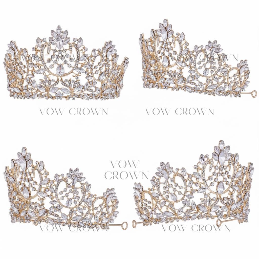 Gold Baroque Bridal Tiara | Pear-Cut Crystal Rhinestone Headpiece