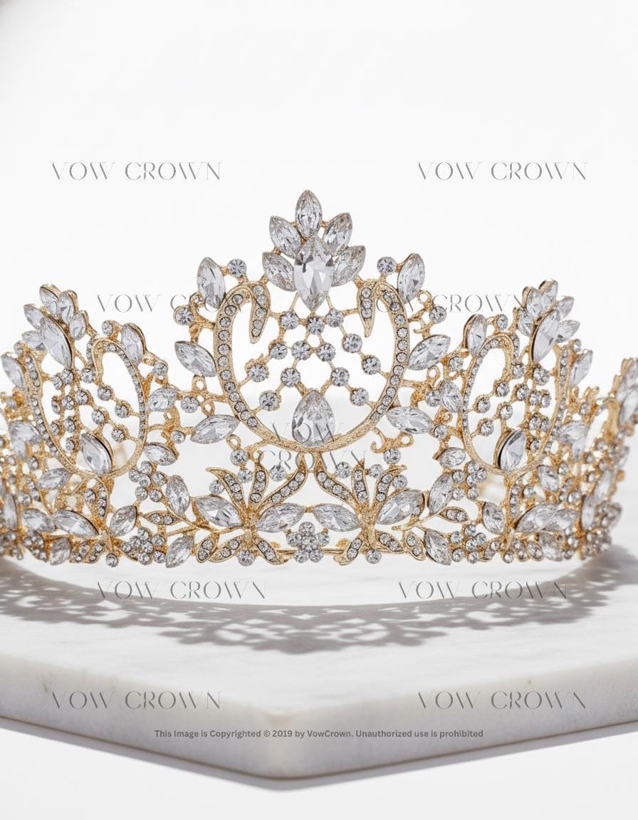 Gold Baroque Bridal Tiara | Pear-Cut Crystal Rhinestone Headpiece