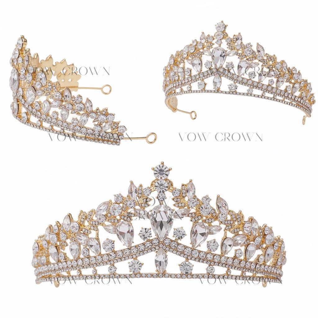 Gold Floral Crystal Bridal Tiara | Pear Drop Rhinestone Wedding Crown