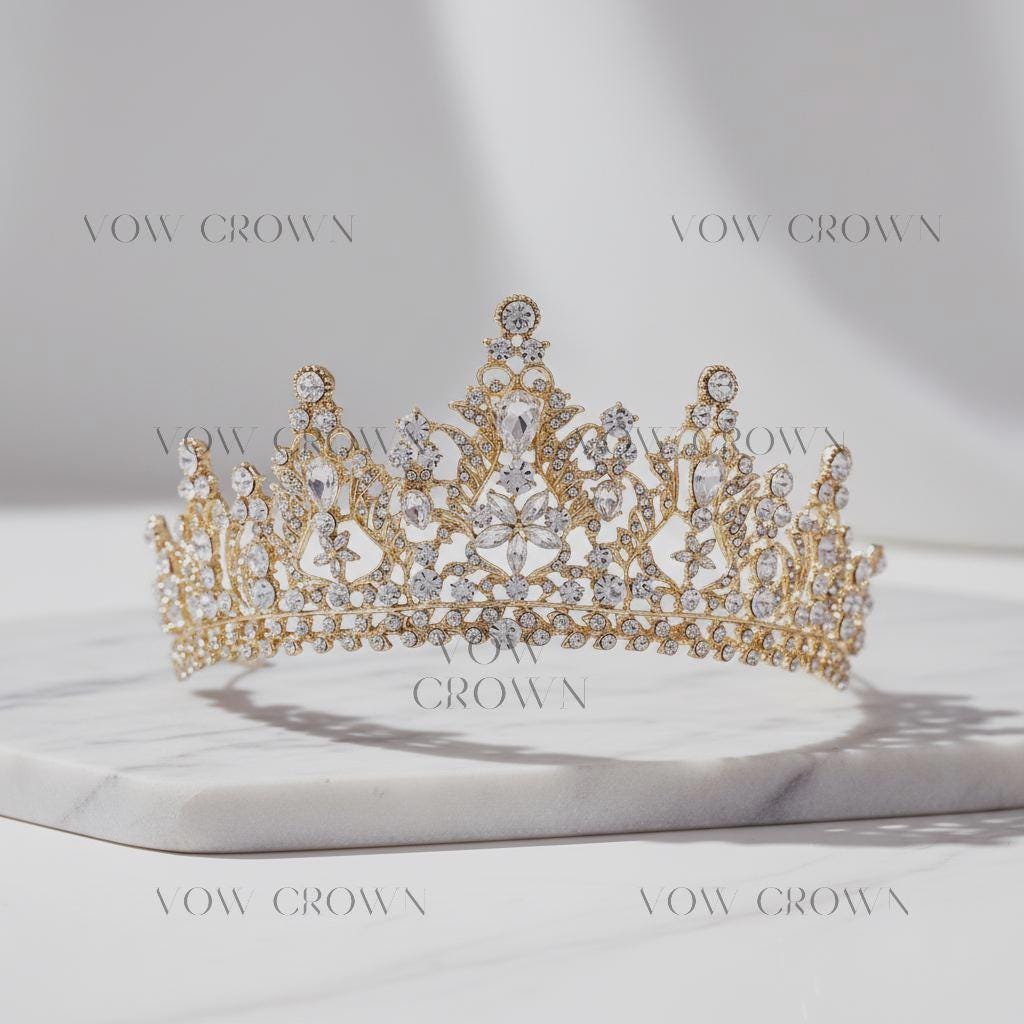 Gold Filigree Crystal Bridal Tiara | Pear Drop Baroque Wedding Crown | Elegant Floral Princess Headpiece