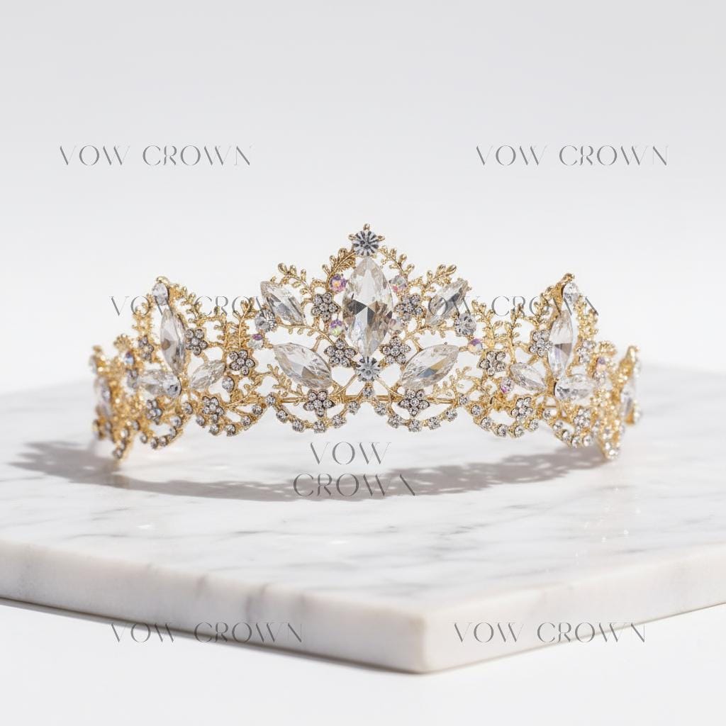Luxury Gold Crystal Bridal Tiara Crown | Vintage Baroque Wedding Tiara | Royal Princess Rhinestone Headpiece