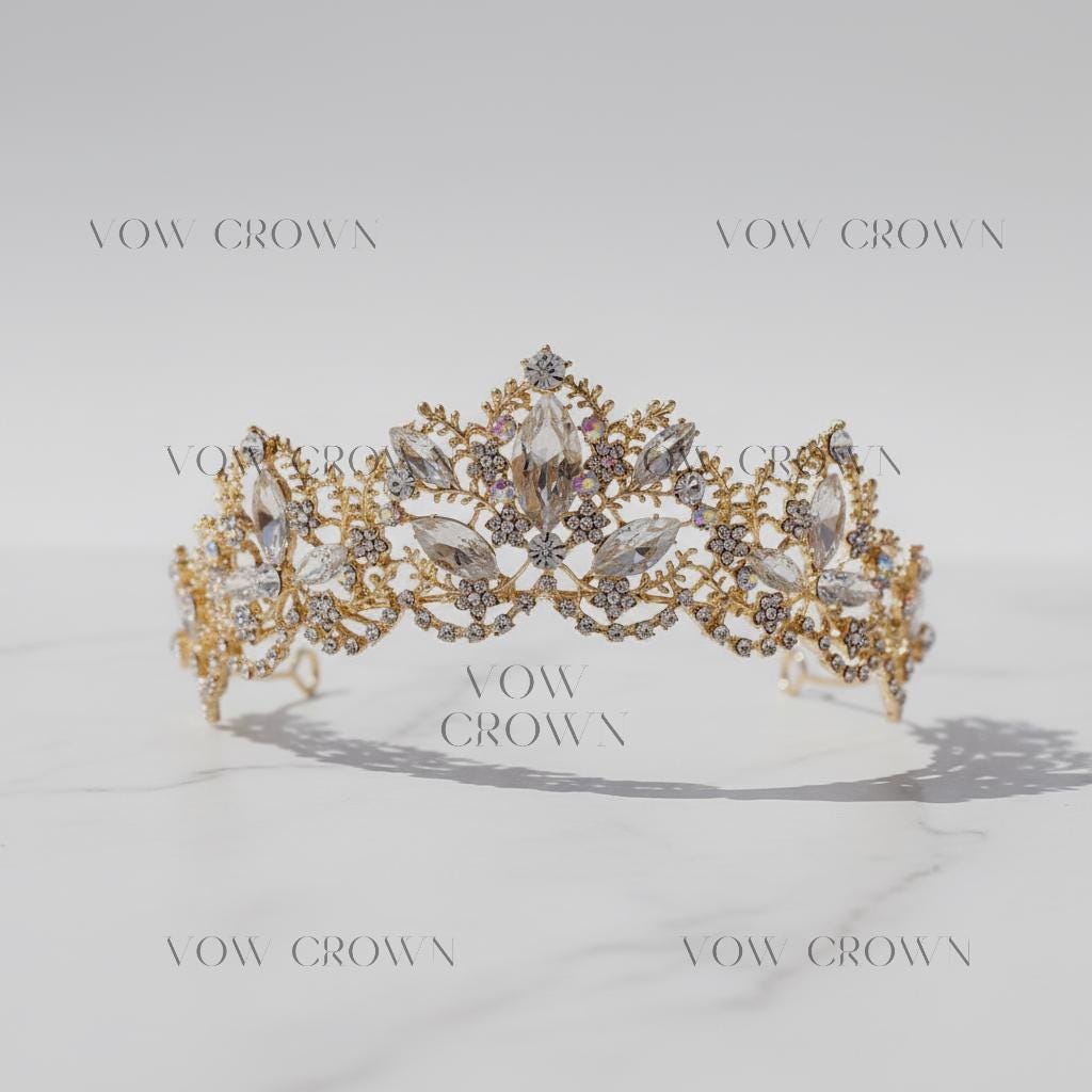 Luxury Gold Crystal Bridal Tiara Crown | Vintage Baroque Wedding Tiara | Royal Princess Rhinestone Headpiece