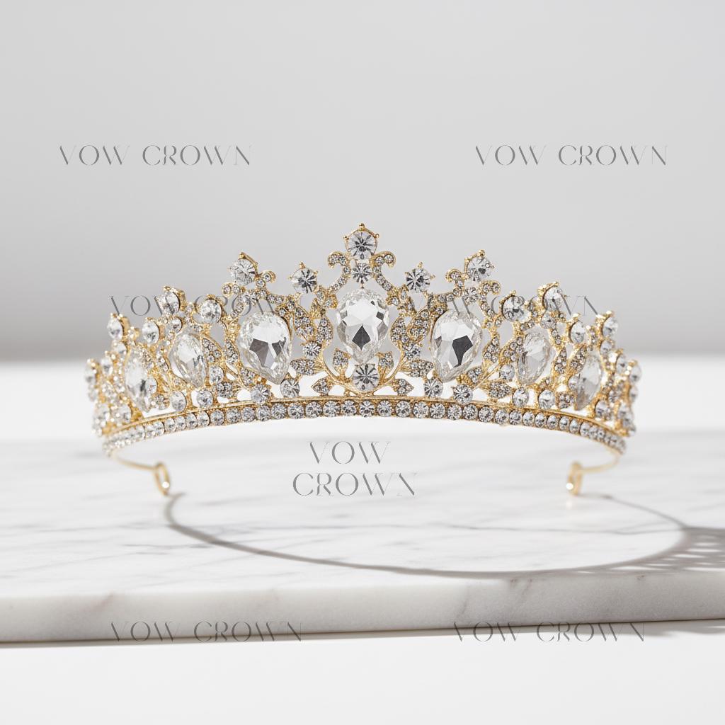 Luxury Gold Crystal Bridal Tiara Crown | Vintage Baroque Wedding Tiara | Pear-Cut Rhinestone Princess Headpiece