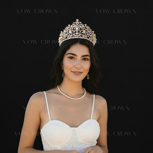 Gold Baroque Crystal Bridal Tiara | Pear-Cut Rhinestone Wedding Crown