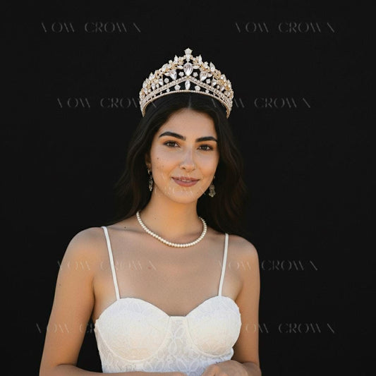 Gold Floral Crystal Bridal Tiara | Pear Drop Rhinestone Wedding Crown