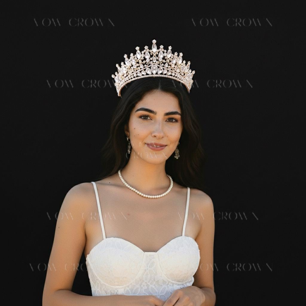 Gold Baroque Crystal Bridal Tiara | Pear-Cut Rhinestone Crown