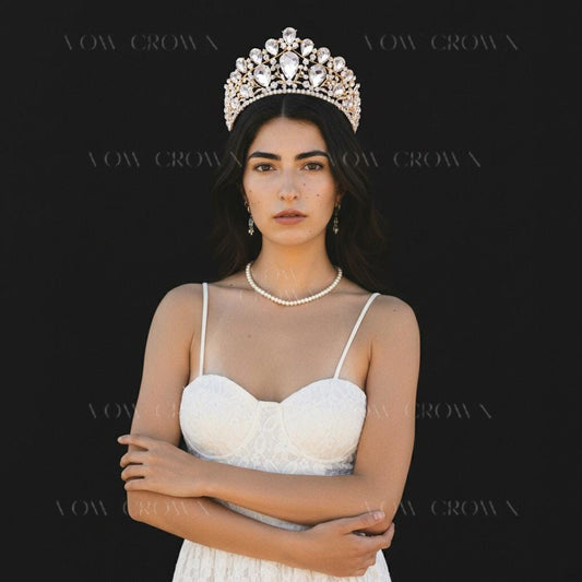 Gold Pear Crystal Bridal Tiara | Vintage Baroque Rhinestone Princess Crown