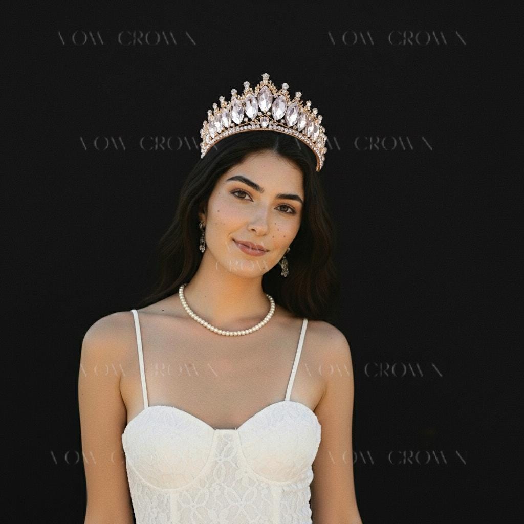 Gold Marquise Crystal Bridal Tiara | Princess Rhinestone Wedding Crown