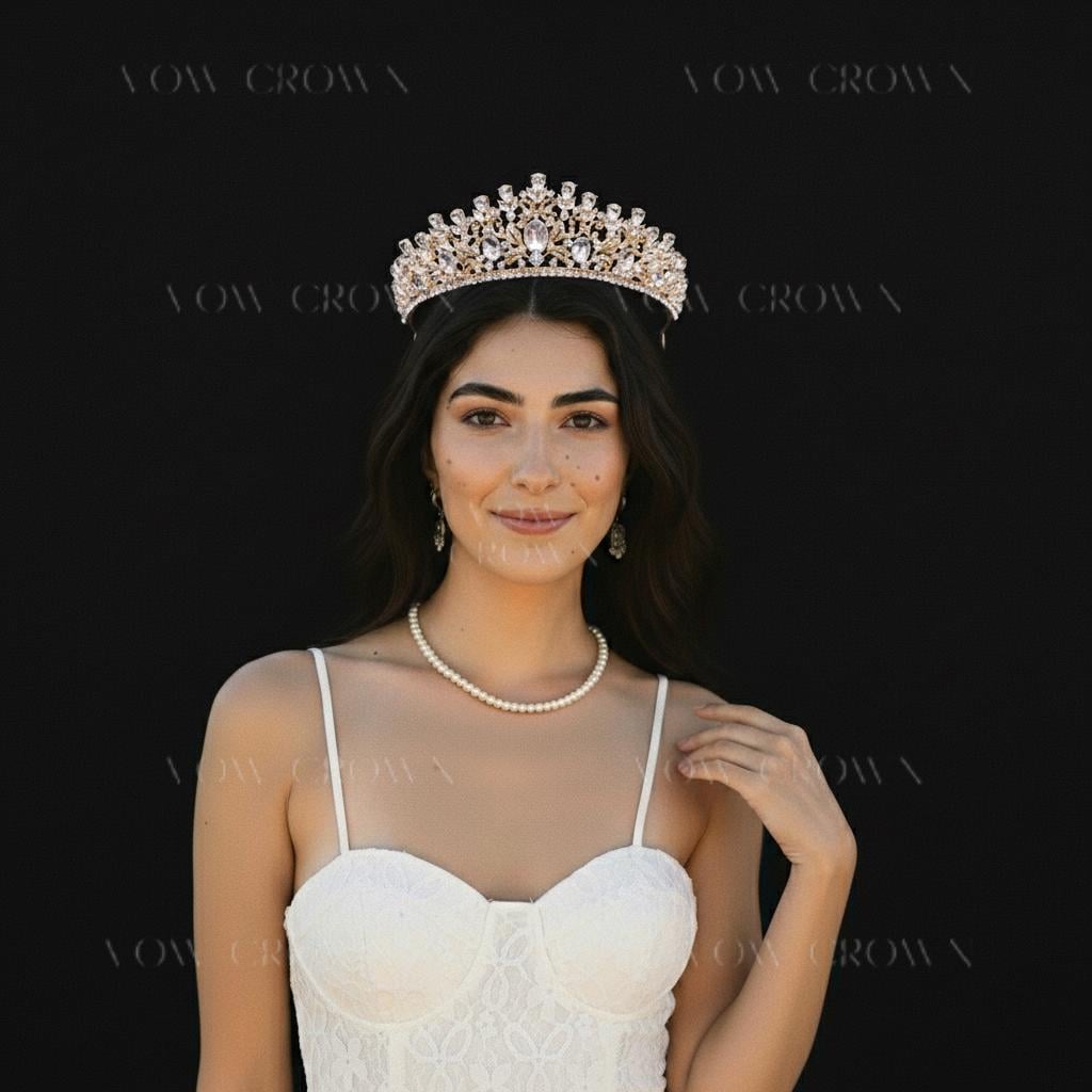 Gold Baroque Bridal Tiara | Pear-Cut Crystal Wedding Crown