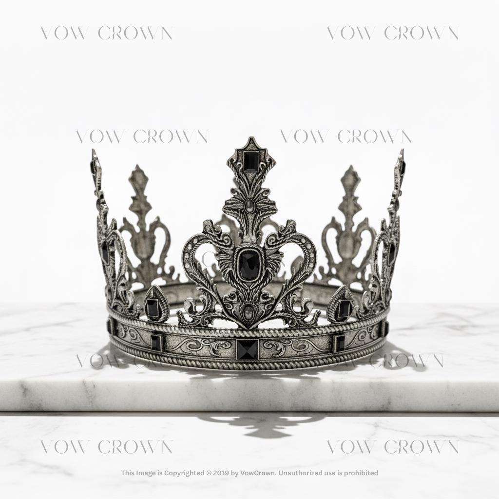 Vintage Gothic Royal Crown | Medieval Black Crystal King Crown | Antique Gold & Silver Baroque Tiara | Regal Costume Headdress