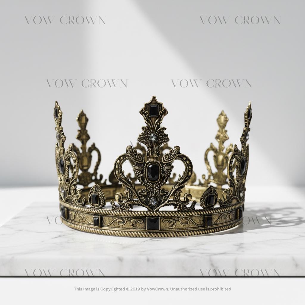 Vintage Gothic Royal Crown | Medieval Black Crystal King Crown | Antique Gold & Silver Baroque Tiara | Regal Costume Headdress