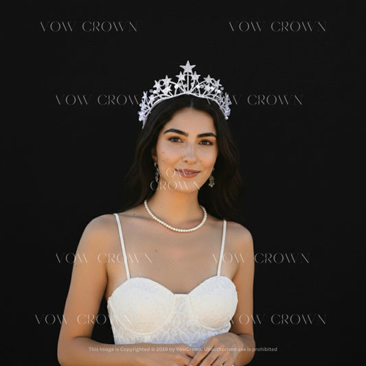 Silver Star Crystal Bridal Tiara | Celestial Wedding Crown | Sparkling Rhinestone Princess Headpiece
