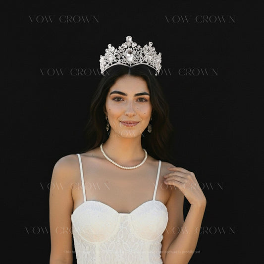Crystal Bridal Tiara Crown | Silver Wedding Crown with Oval Rhinestone | Royal Princess Tiara | Luxury Bridal Queen Headpiece